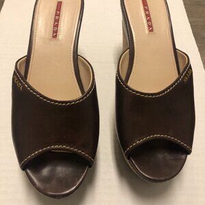 Prada wedge open toe cork platform  brown slide sandals  size 38 1/2